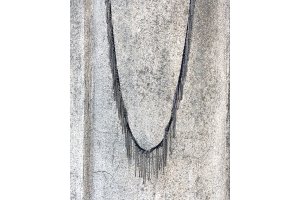 Fron view of Goti Necklace Model CN1171 made with silver chain and black cotton ribbon