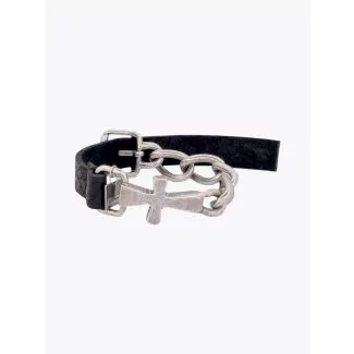 Goti Bracelet BR506 Curb Chain Cross Silver/Leather Front View