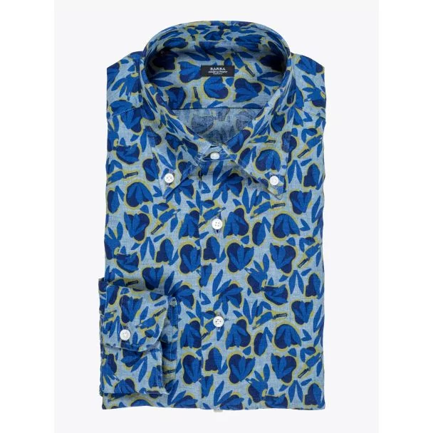 Barba Napoli Shirt Button-Down Collar Floral-Print Linen Blue 1