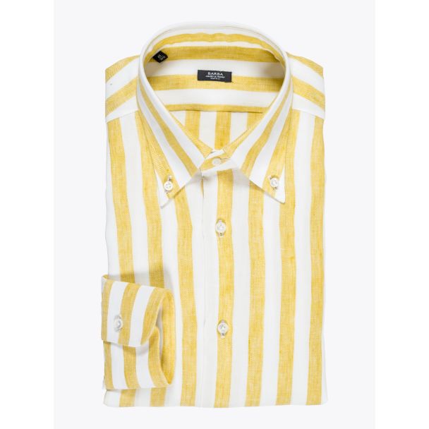 Barba Napoli Shirt Button-Down Collar Striped Linen Yellow 1