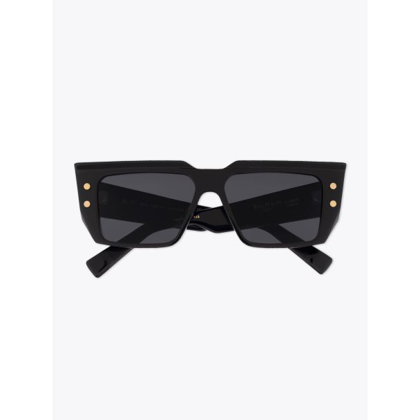 Balmain B-VI Square-Frame Black/Gold-Tone Sunglasses with folded temples front view