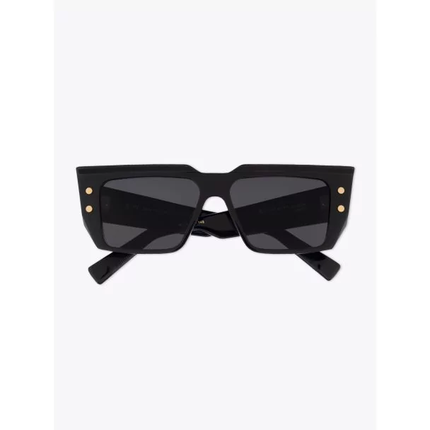 Balmain B-VI Square-Frame Black/Gold-Tone Sunglasses with folded temples front view