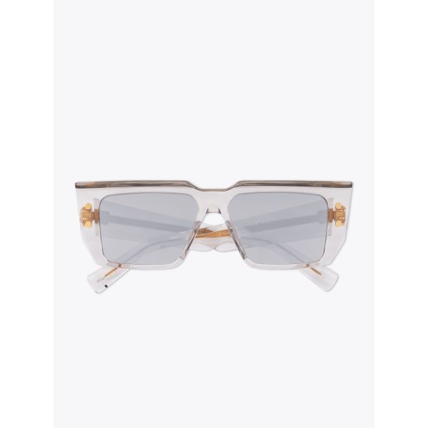 Balmain B-VI Square-Frame Grey Crystal Sunglasses with folded temples front view