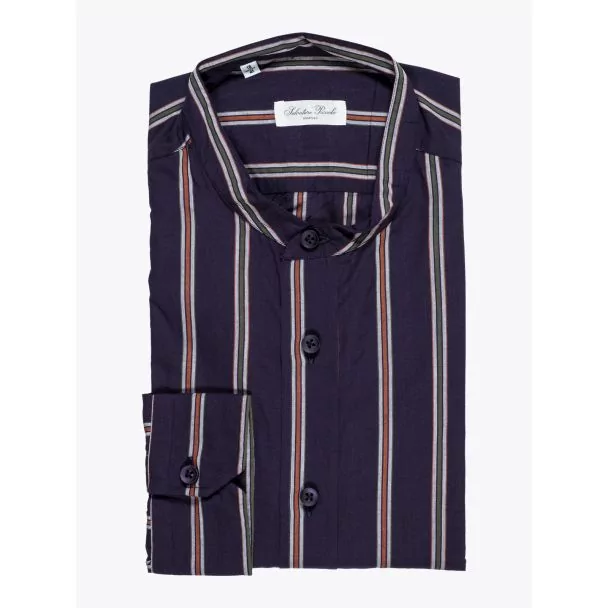 Salvatore Piccolo Shirt Band-Collar Striped Navy Blue - E35 SHOP