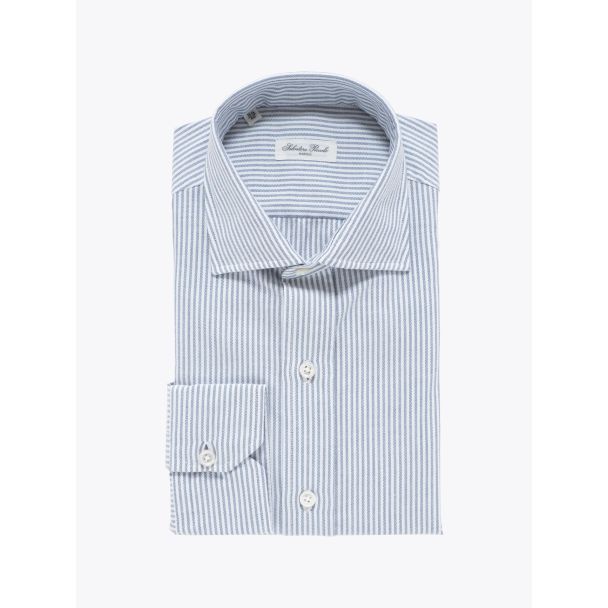 Salvatore Piccolo Slim Fit Collar PC-Open Striped Blue Cotton Oxford Shirt White