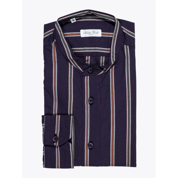 Salvatore Piccolo Grandad-Collar Shirt Striped Navy Blue 1