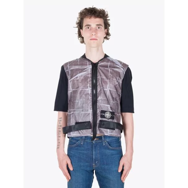 Stone Island 444J2 Vest Paper Poly SI House Check Grid Grey Full View