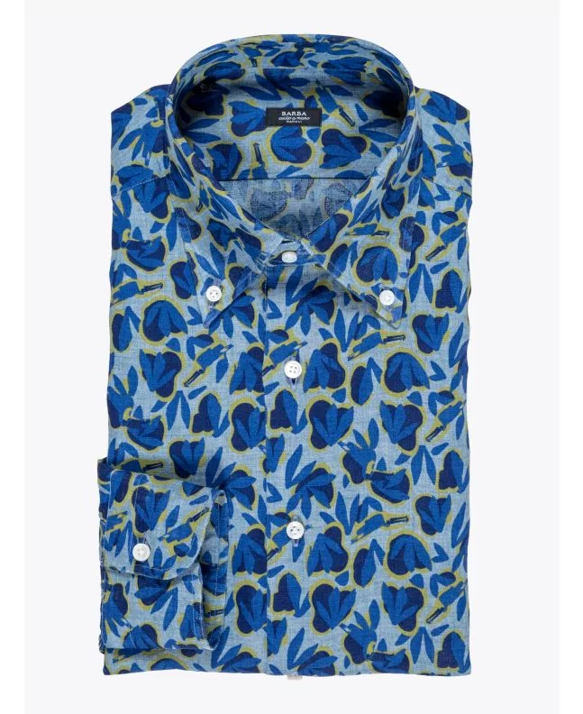 Barba Napoli Shirt Button-Down Collar Floral-Print Linen Blue 1