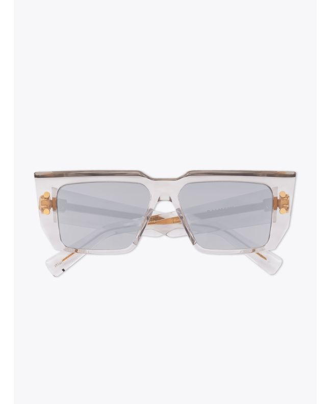 Balmain B-VI Square-Frame Grey Crystal Sunglasses with folded temples front view