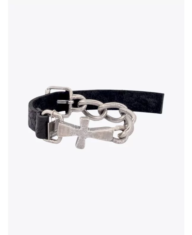 Goti Bracelet BR506 Curb Chain Cross Silver/Leather - E35 SHOP