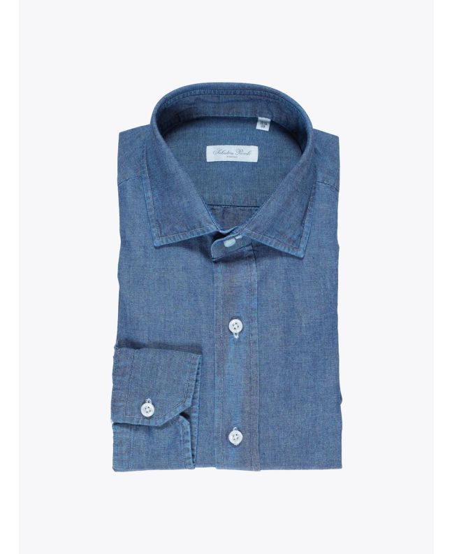 Salvatore Piccolo Slim Fit Collar PC Open Cotton Chambray Shirt Blue