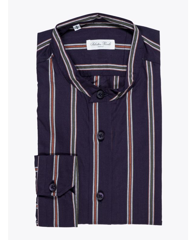 Salvatore Piccolo Grandad-Collar Shirt Striped Navy Blue 1