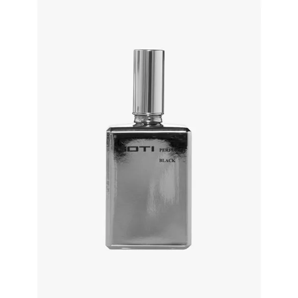 Front view of the silver-tone glass bottle of Goti Black perfume.