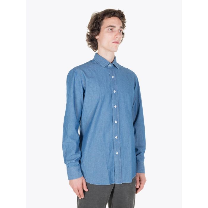 Shop Salvatore Piccolo Blue Chambray Slim Fit Shirt