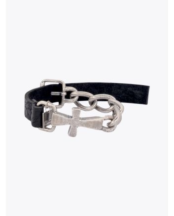 Goti Bracelet BR506 Curb Chain Cross Silver/Leather Front View
