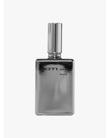 Front view of the silver-tone glass bottle of Goti Black perfume.