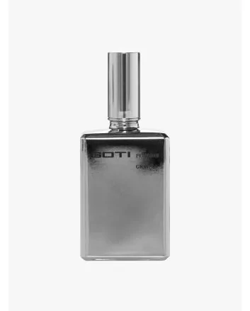 Front view of the silver-tone glass bottle of Goti Gray perfume.