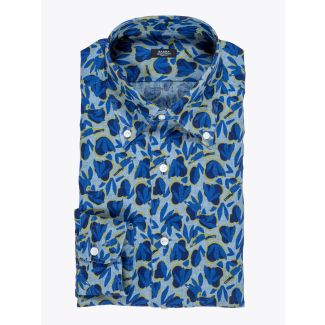 Barba Napoli Shirt Button-Down Collar Floral-Print Linen Blue 1
