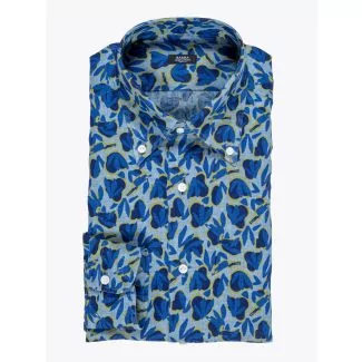 Barba Napoli Shirt Button-Down Collar Floral-Print Linen Blue 1