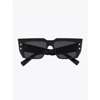 Balmain B-VI Square-Frame Black/Gold-Tone Sunglasses with folded temples front view