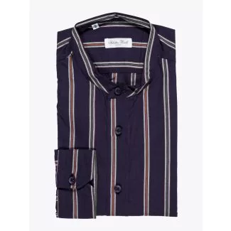 Salvatore Piccolo Grandad-Collar Shirt Striped Navy Blue 1